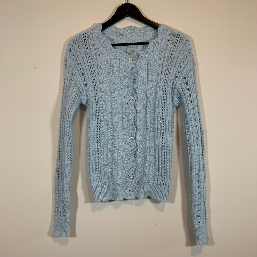 Vintage Light Blue Pointelle Pearl Embellished Scalloped Cardigan Sweater S